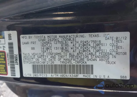 2012 Toyota Tacoma z USA, uszkodzony, nr VIN 5TFUX4EN8CX012126